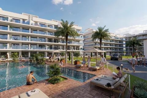 Visualisierung des Gemeinschaftspools von Oasis Garden mit Sonnenliegen, Sonnenschirmen und Palmen, dahinter die Wohngebäude